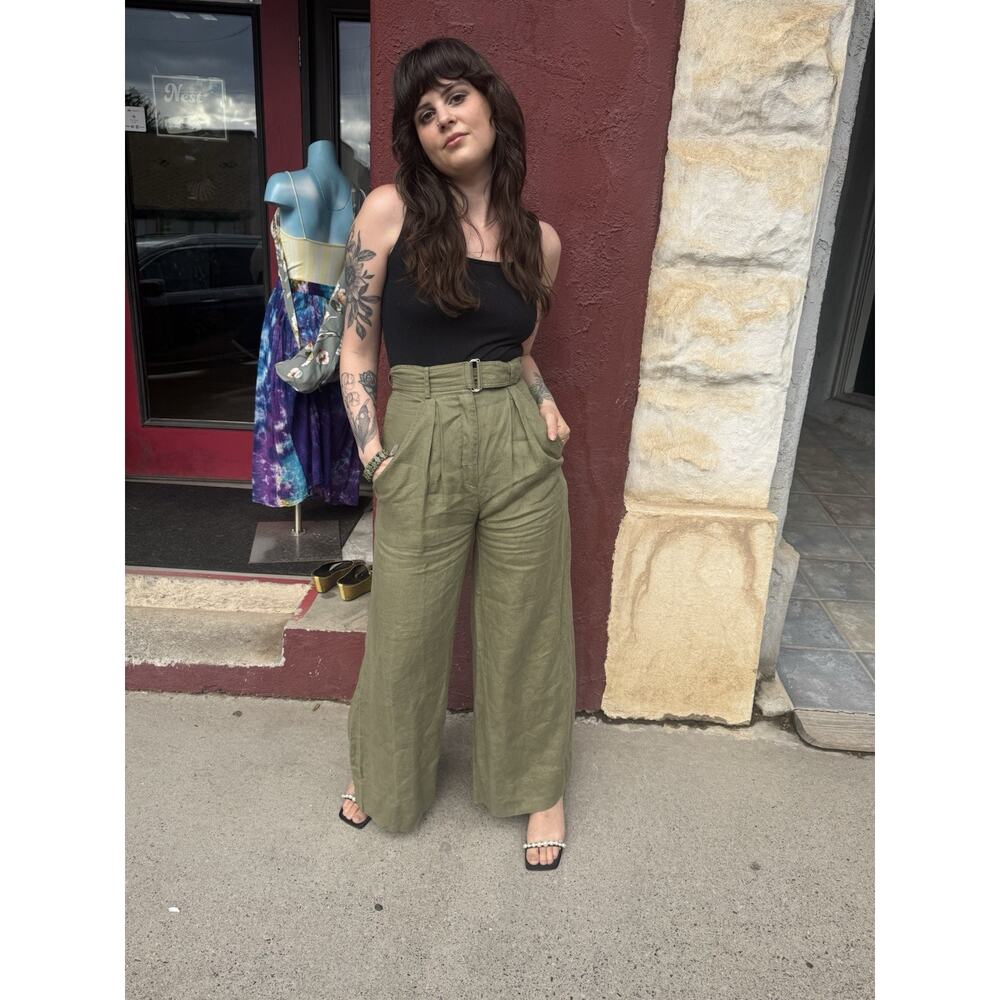 Matthew Bruch Olive Linen Pleated High Waist Wide Leg Trousers